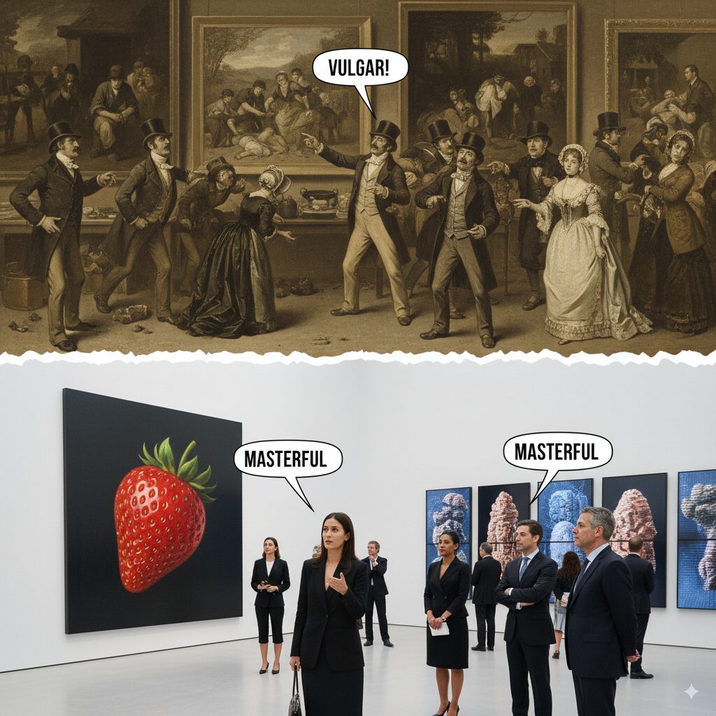 What is Realism Art? The Ultimate Guide to Understanding This Revolutionary Movement 7 Split image showing 19th-century critics shocked by early Realism Art contrasted with modern viewers appreciating contemporary hyperrealistic pictures
