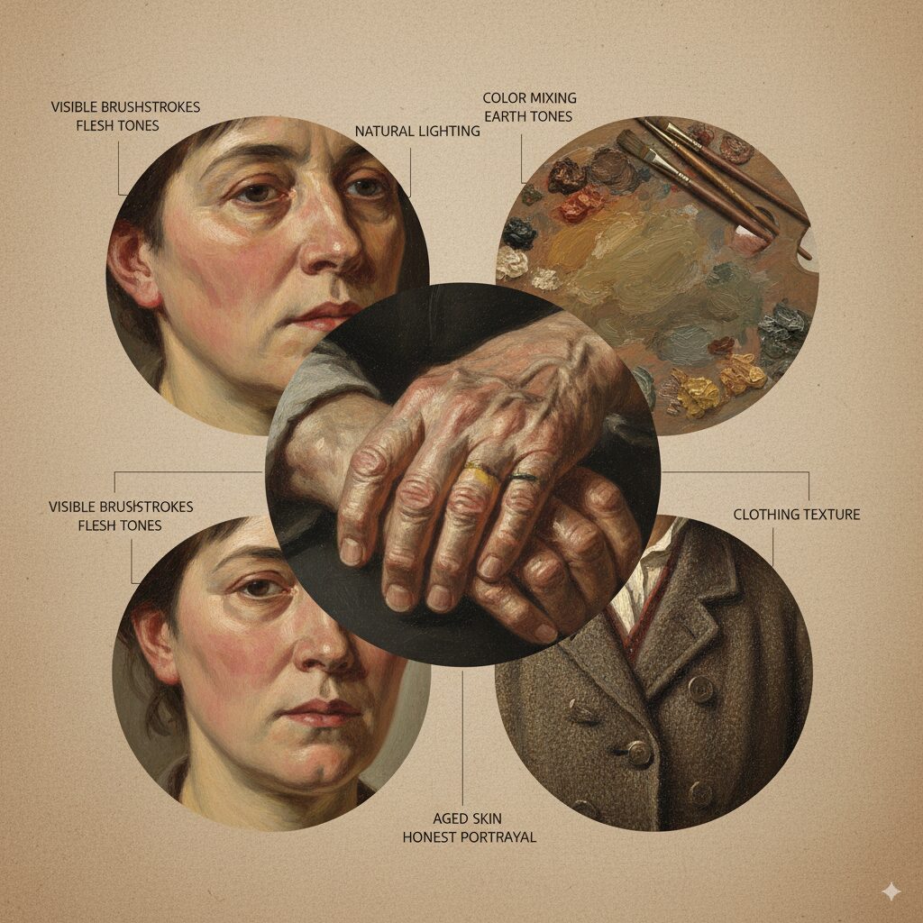 What is Realism Art? The Ultimate Guide to Understanding This Revolutionary Movement 8 Close-up details of Realism Art painting techniques showing visible brushstrokes, natural color mixing, and honest texture work