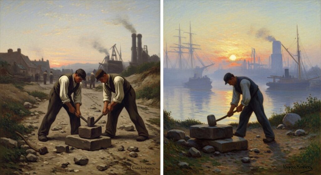 How to Identify Realism Art: Key Characteristics for Art Enthusiasts 13 A side-by-side comparison of a detailed Realist painting and a spontaneous Impressionist artwork, highlighting their key stylistic differences in brushwork, light effects, and subject treatment for art identification.