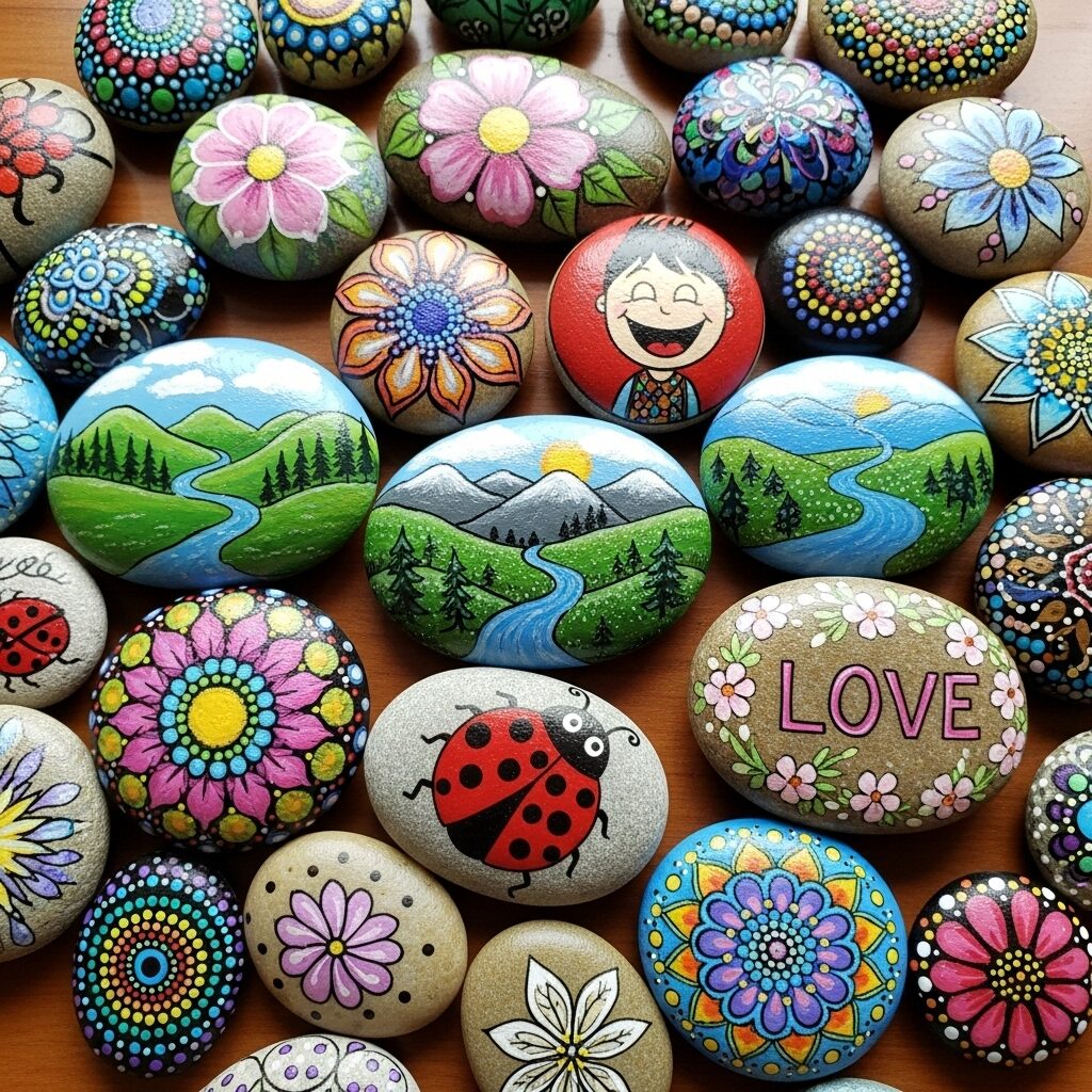 A collection of diverse painted rocks showing different styles, including a ladybug, a landscape, and a character.