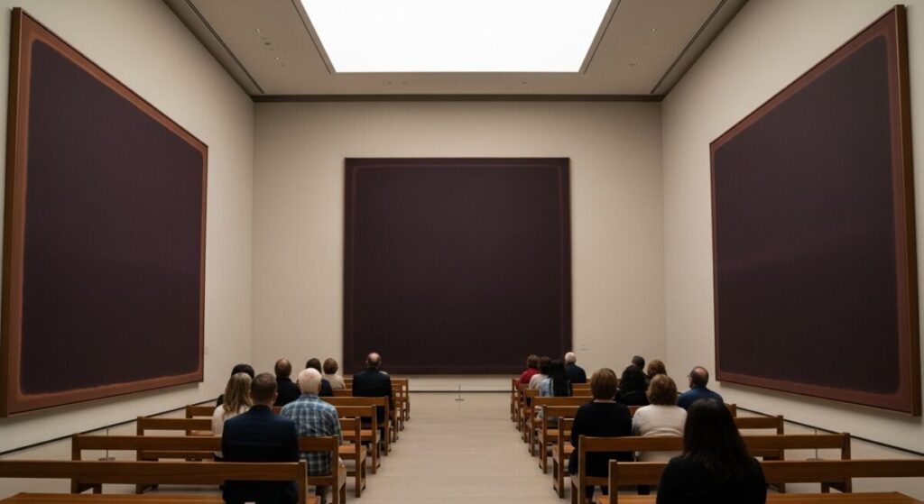 Abstract Art Movements: From Kandinsky to Contemporary Digital Art 7 Interior view of the Rothko Chapel showing visitors sitting in contemplation before the large, dark color field paintings, emphasizing the spiritual atmosphere