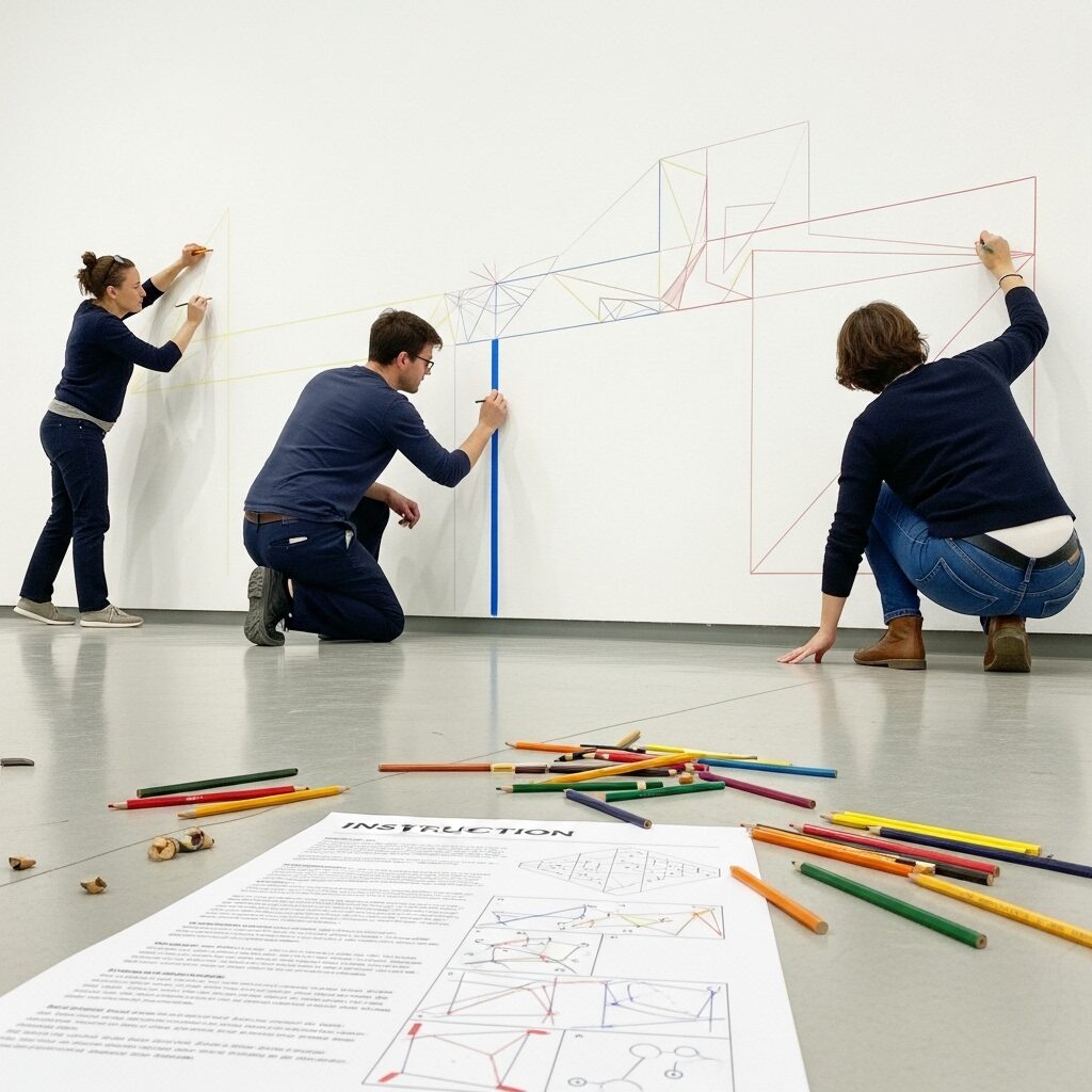 The Conceptual Art Movement: When Ideas Became Art 6 Assistants following Sol LeWitt's written instructions to create a wall drawing, demonstrating how conceptual art prioritizes ideas over individual execution