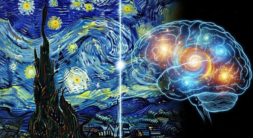 Amazing Paintings with Deep Meaning: Unlocking the Secrets of Art 6 A split image connecting Van Gogh's The Starry Night with a swirling pattern inside a human brain, illustrating how his art reflects his profound mental state.