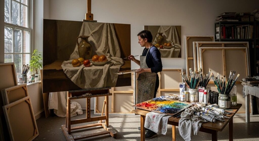 The 3 Rules of Oil Painting: A Foundation for Lasting Art 7 An artist working on a still life painting in their studio, showing the progression from an underpainting to more detailed, layered brushstrokes.