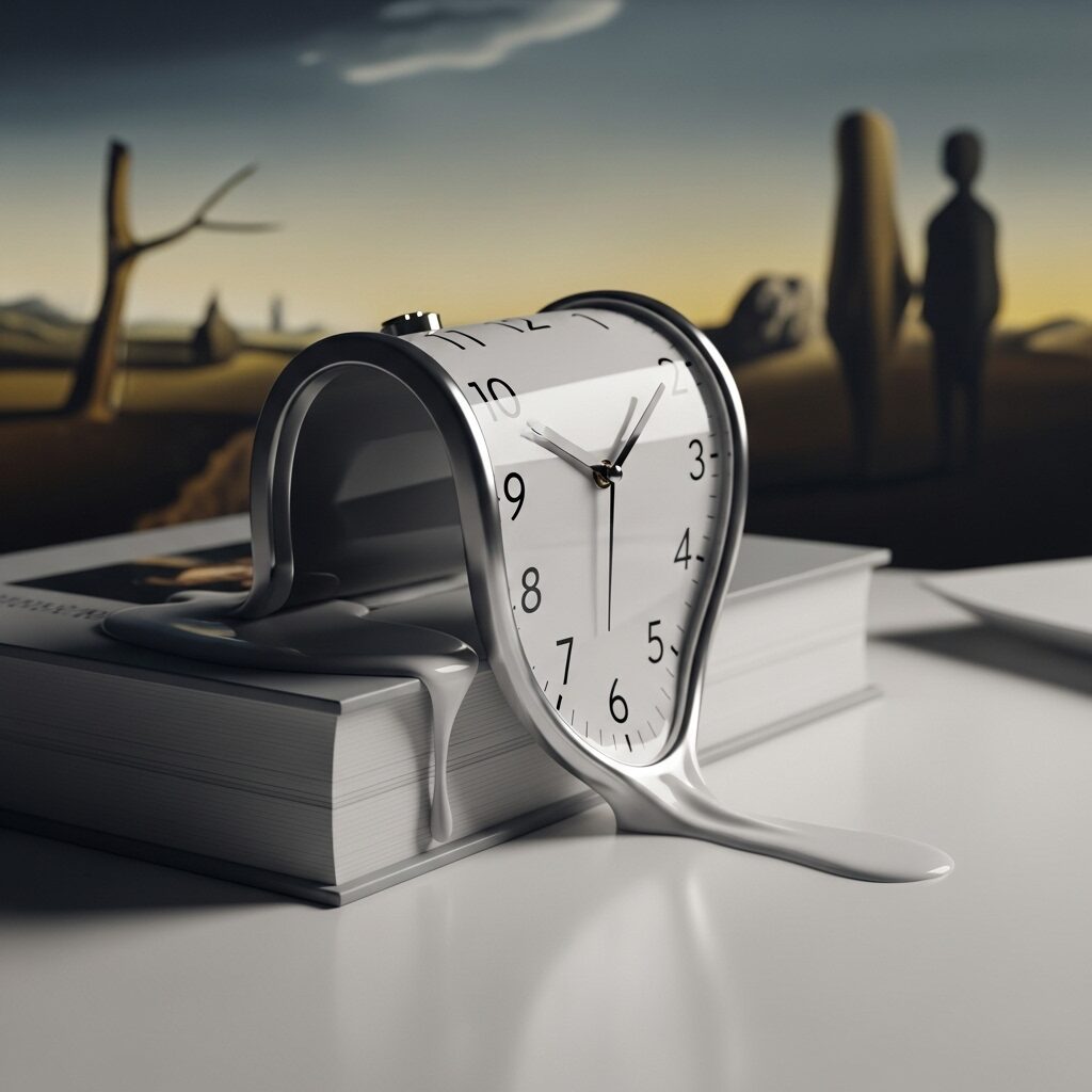 Amazing Paintings with Deep Meaning: Unlocking the Secrets of Art 5 A flexible clock face melts and drips over the edge of a book, a modern visual reference to Salvador Dalí's exploration of time in paintings with deep meaning.