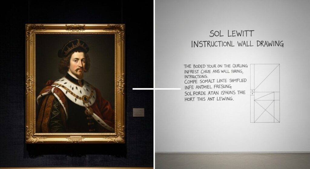 The Conceptual Art Movement: When Ideas Became Art 3 Split image comparing traditional oil painting in gold frame with Sol LeWitt conceptual art instructions on white wall, illustrating the conceptual art movement's shift from objects to ideas