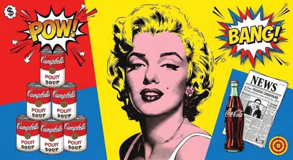 What is Pop Art movement overview showing Campbell soup cans Marilyn Monroe prints comic book imagery