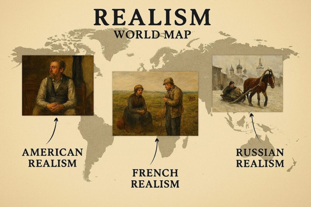 How to Identify Realism Art: Key Characteristics for Art Enthusiasts 12 A world map visually illustrating the distinct regional characteristics of Realism art, highlighting examples from French, American, and Russian Realism to show the movement's global variations.