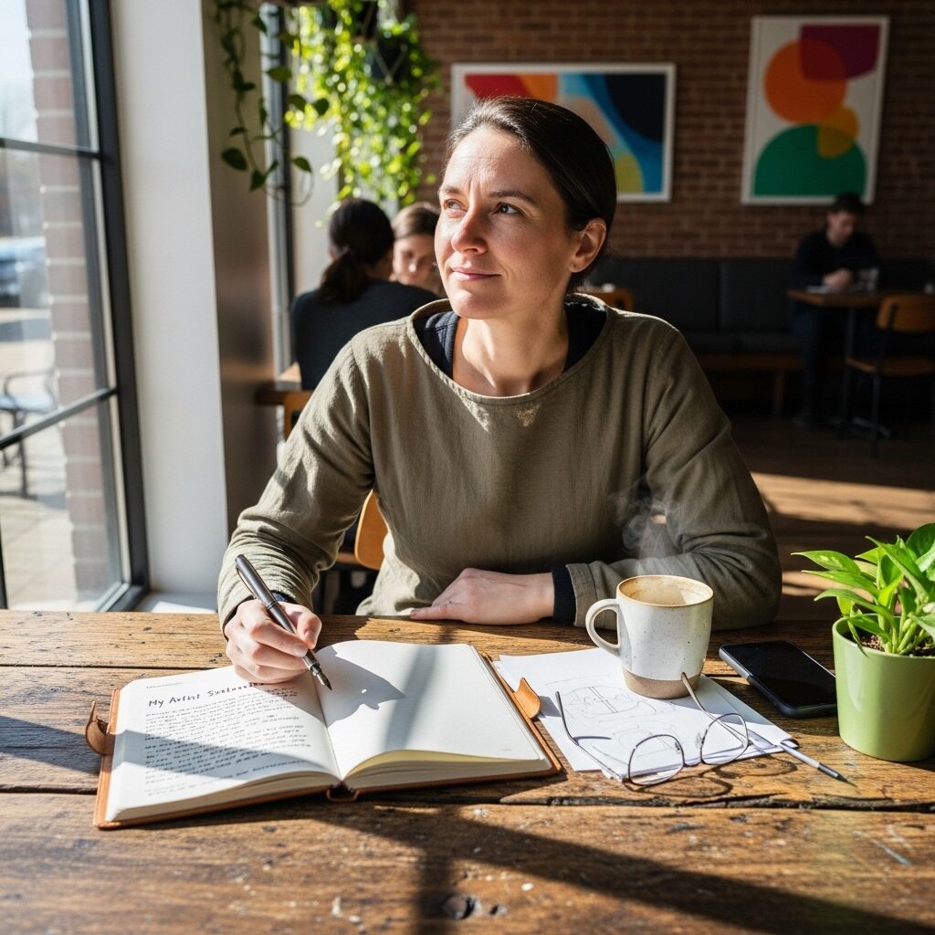 Cracking the Code: How to Achieve Modern Painter Recognition in Today's Art World 4 Artist writing personal artist statement in leather journal at cozy cafe, with coffee and natural lighting, essential for modern painter recognition and professional art career development