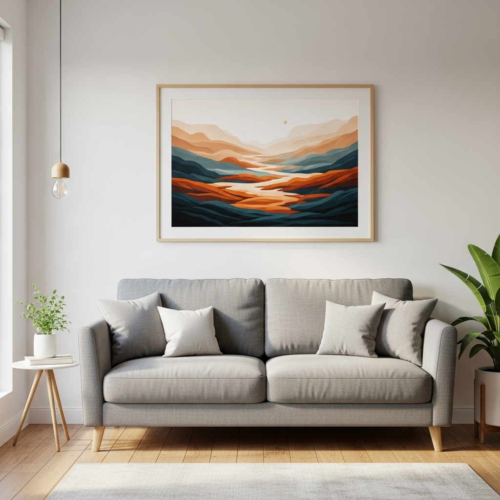 The Complete Guide to Poster Sizes: Everything You Need to Know About Dimensions, Printing, and Framing 4 18×24 inch framed poster displayed above a modern living room couch with proper spacing and proportional scale