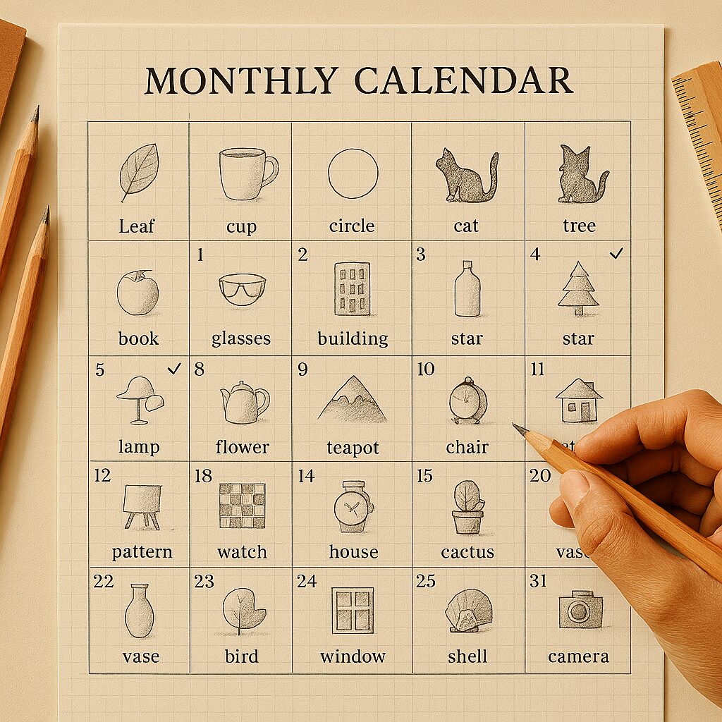 Monthly claendar with sketching prompts