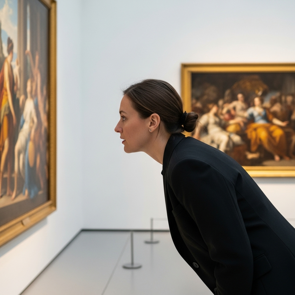 Museum visitor examining a large classical painting closely, leaning in to observe fine details and symbolic elements