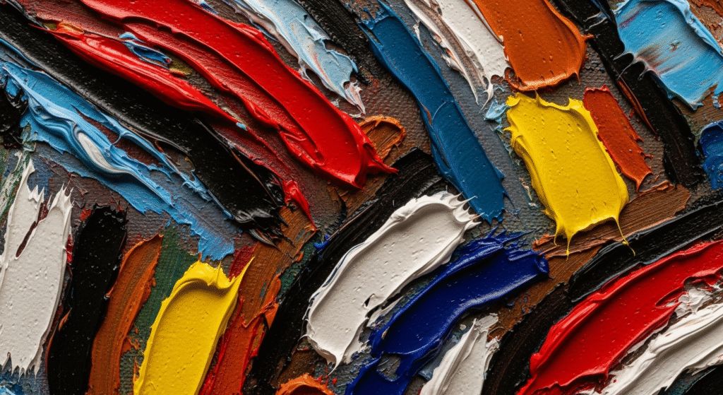 Time Travelers' Guide to the World's Most Famous Art Periods 🎨🏛 7 Close-up of Abstract Expressionist painting showing thick impasto paint texture, energetic brushstrokes, and layered colors characteristic of 1940s-1950s art period