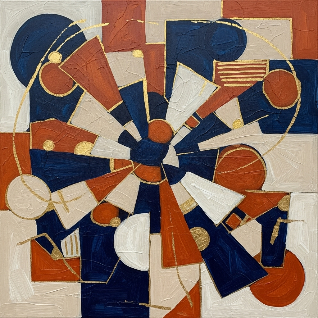 Abstract painting with bold geometric shapes and vibrant colors representing commercial appeal