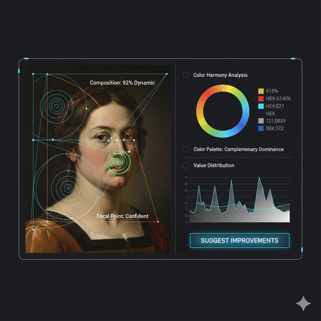 AI art critique tool analyzing a painting with digital overlays showing composition lines, color palette analysis, and focal point markers