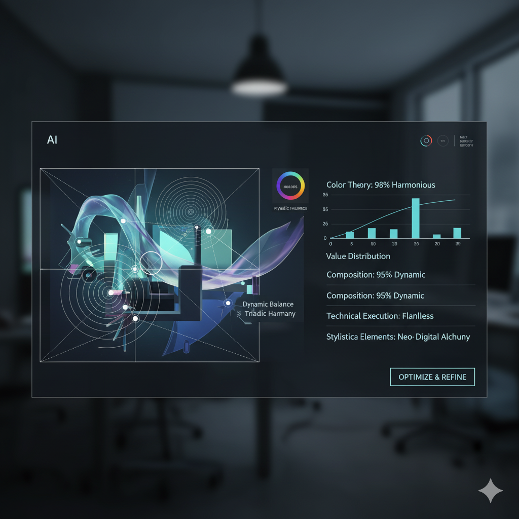 Split screen showing AI-generated artwork with technical analysis overlay highlighting composition, color theory, and stylistic elements