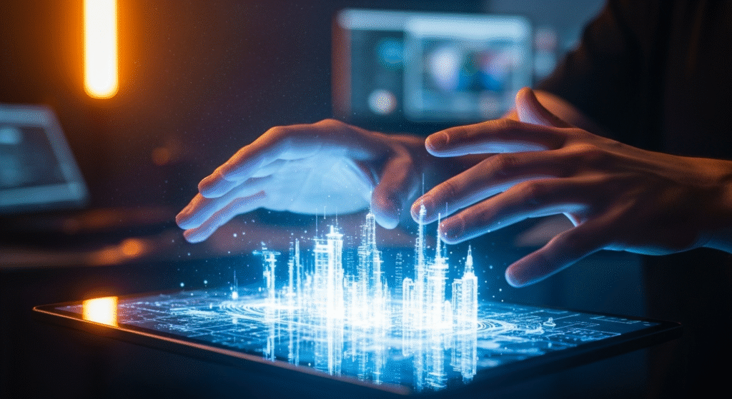 Digital artist using a holographic tablet to create hyper-detailed AI art using advanced AI painting tips