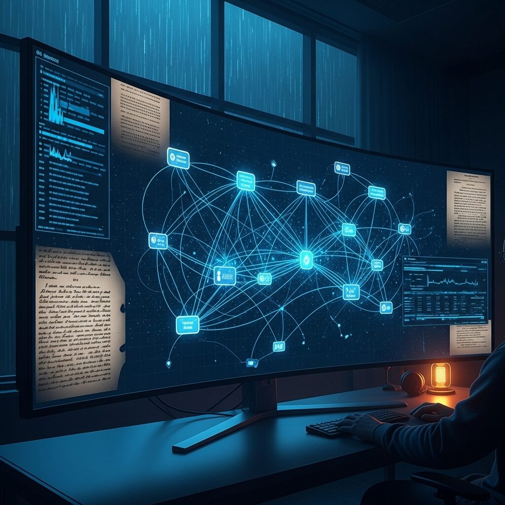 Computer screen showing a sophisticated AI or machine learning interface analyzing and mapping connections between names and dates in digitized historical art documents.