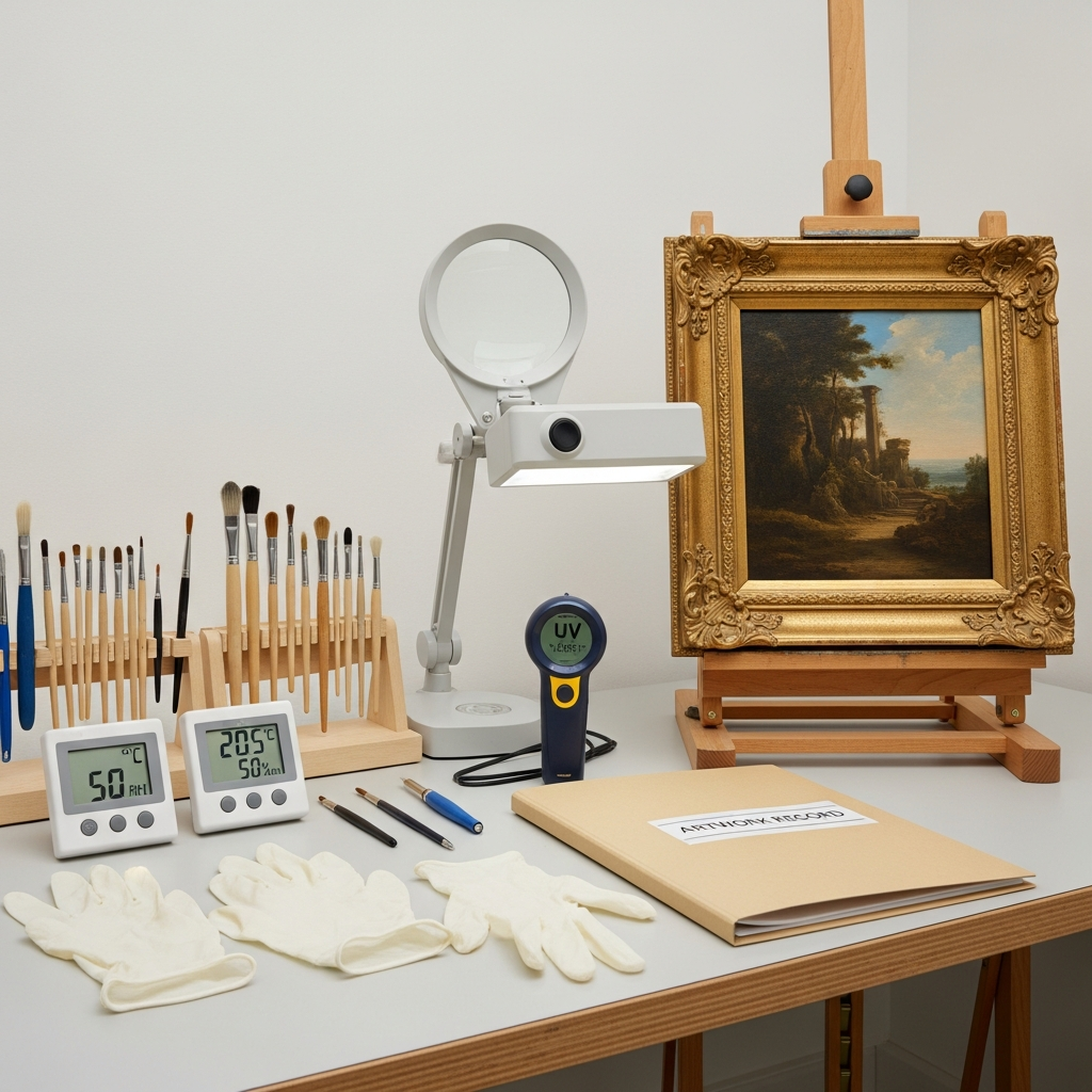 Your Complete Online Art Marketplaces Buyer Guide: Find Unique Art Safely 9 Professional art conservation workspace with soft brushes, white gloves, and humidity monitor beside framed painting
