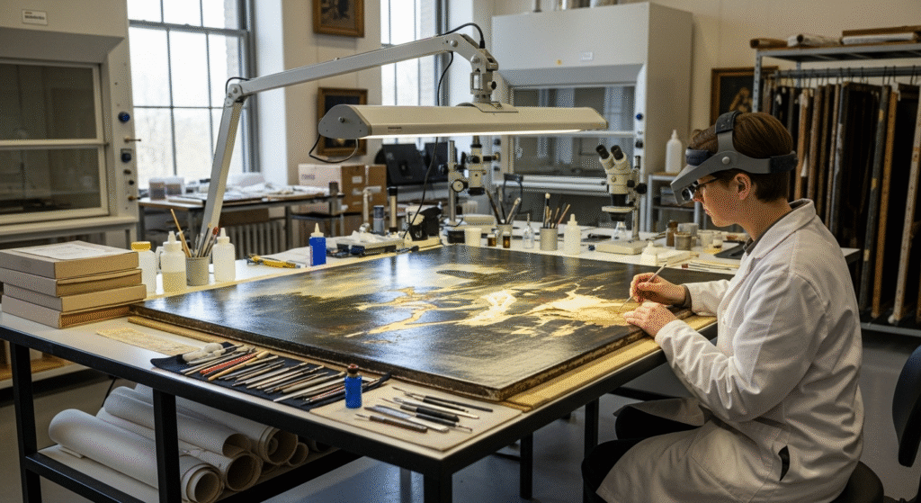 How to Repair Minor Canvas Damage Art: A Practical Guide for Artists 8 Professional art conservator examining damaged canvas with specialized equipment
