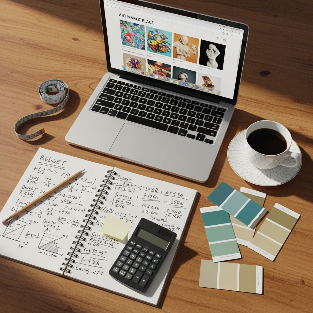 Your Complete Online Art Marketplaces Buyer Guide: Find Unique Art Safely 6 Laptop displaying art marketplace website next to notepad with budget calculations and measuring tape
