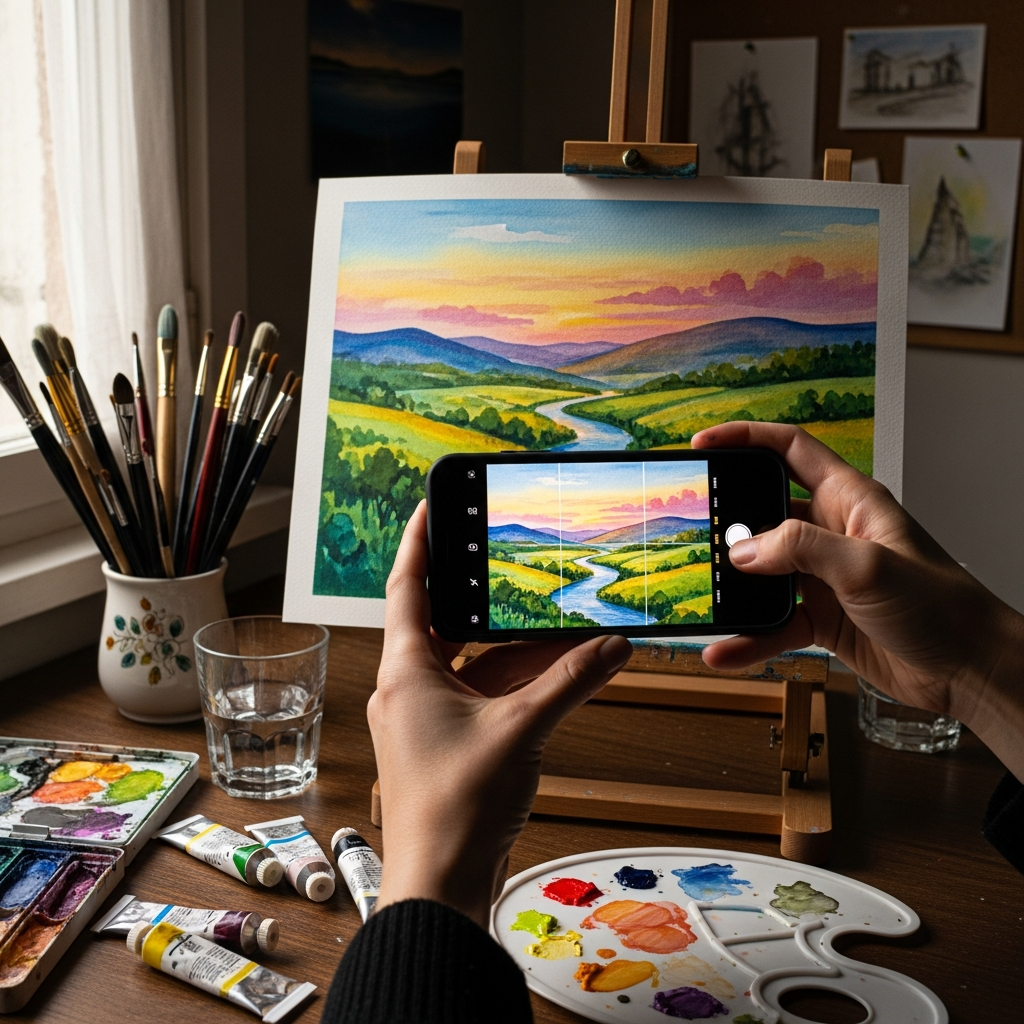 Your Complete Online Art Marketplaces Buyer Guide: Find Unique Art Safely 5 Artist photographing their watercolor painting for upload to their online shop with smartphone
