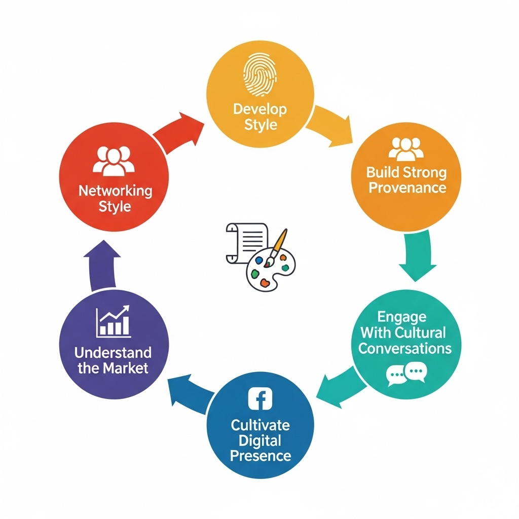 Do Painters Have to Die to Become Famous? Debunking the Van Gogh Myth 9 Circular diagram showing six interconnected strategies for artist success including unique style development, Build Strong Provenance, Engage With Cultural Conversations, digital presence, understand the market, and networking
