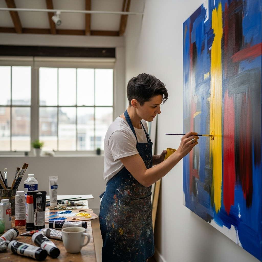 Contemporary artist working in studio, carefully applying yellow paint to a canvas, representing the creative process of producing original artwork.