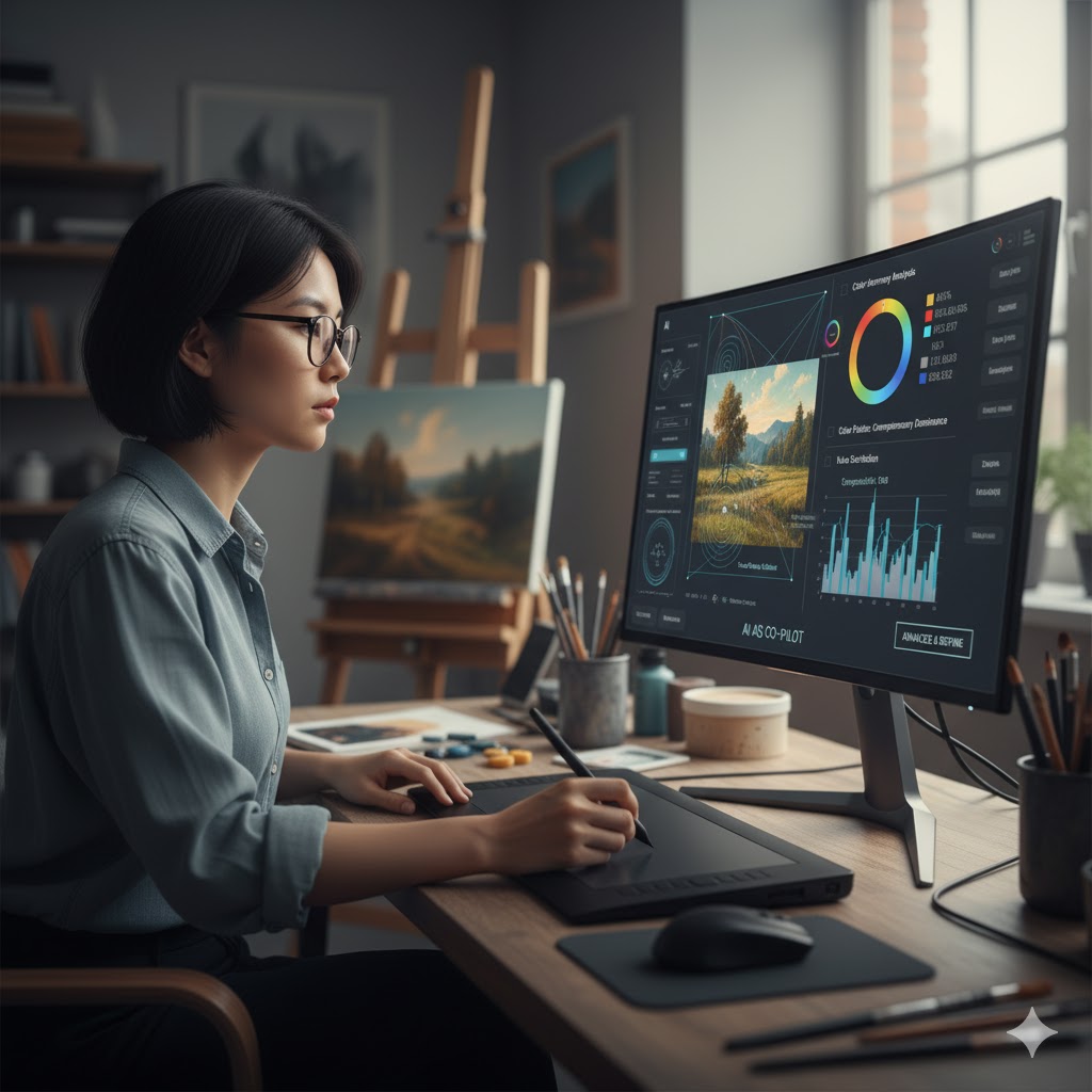 Contemporary artist working at digital workspace with AI art critique interface displayed on computer screen providing real-time feedback