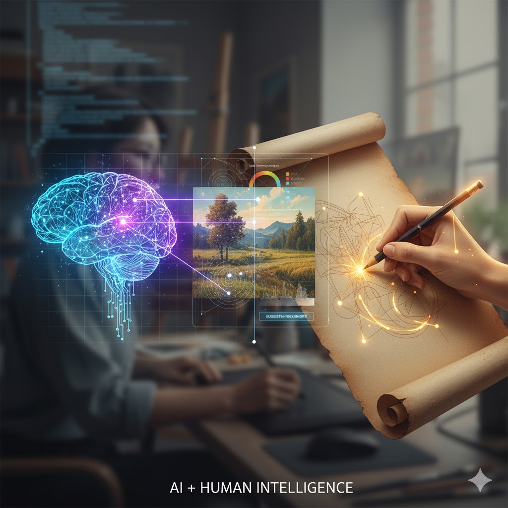 Conceptual image showing balance between artificial intelligence technology and human creativity in art critique with digital and traditional elements