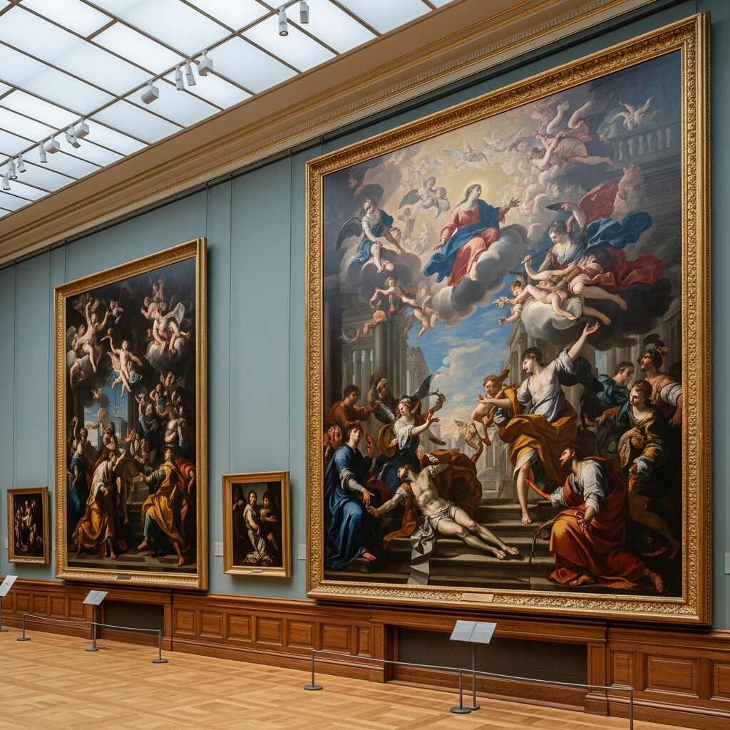 Museum gallery wall featuring multiple Baroque paintings with dramatic lighting and emotional scenes