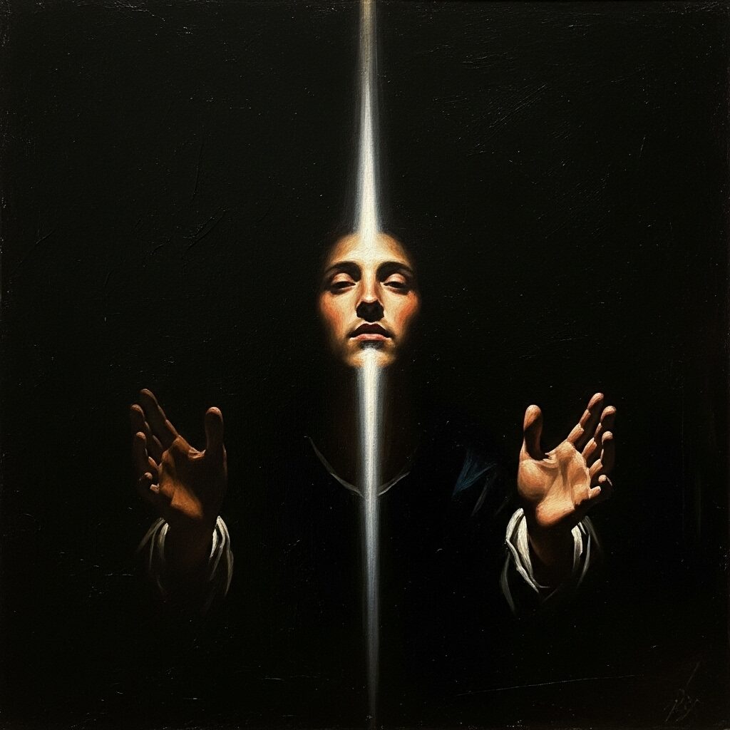 Baroque painting demonstrating chiaroscuro technique with figures illuminated against dark background