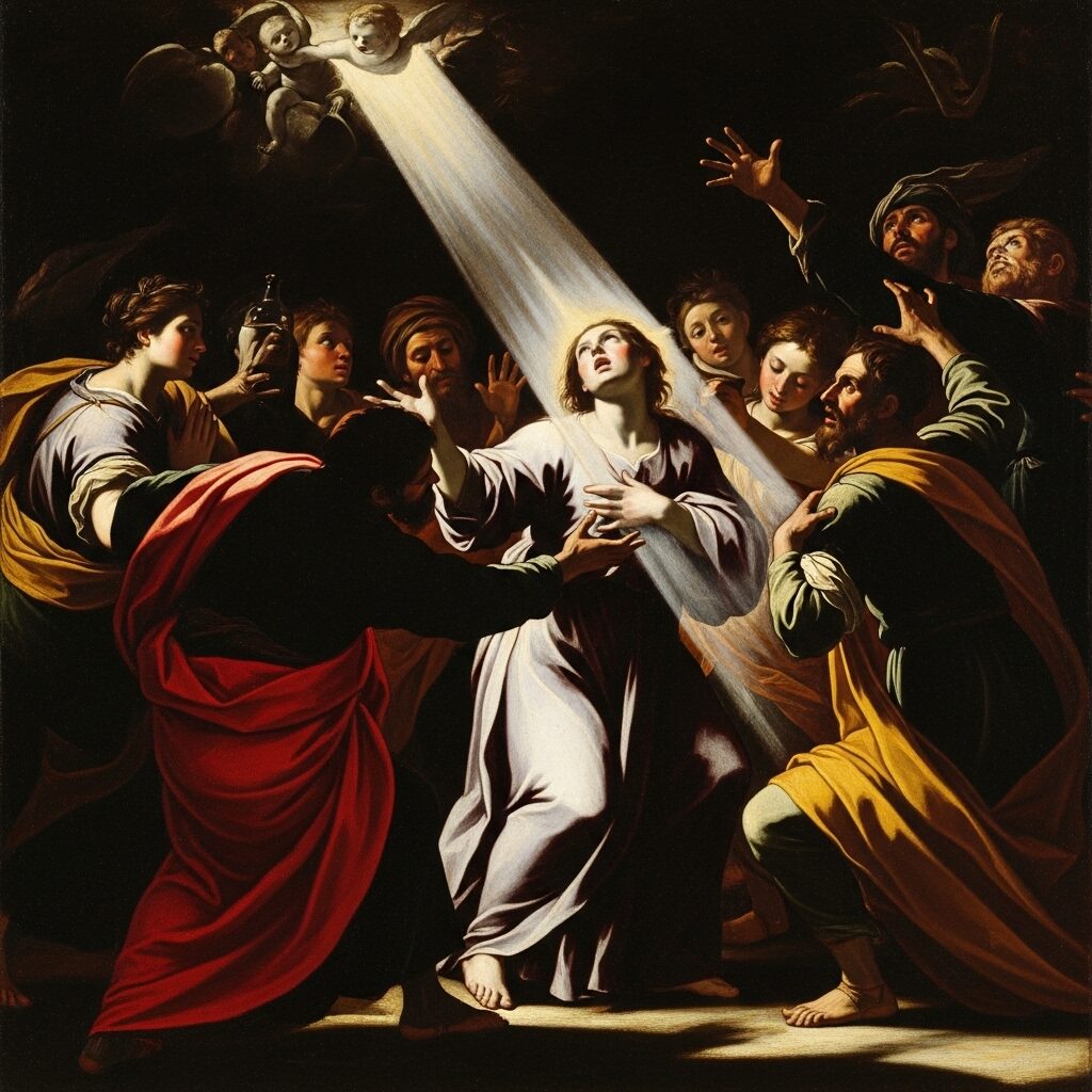 Baroque art characteristics: art painting with chiaroscuro lighting technique showing dramatic shadows and highlighted figures