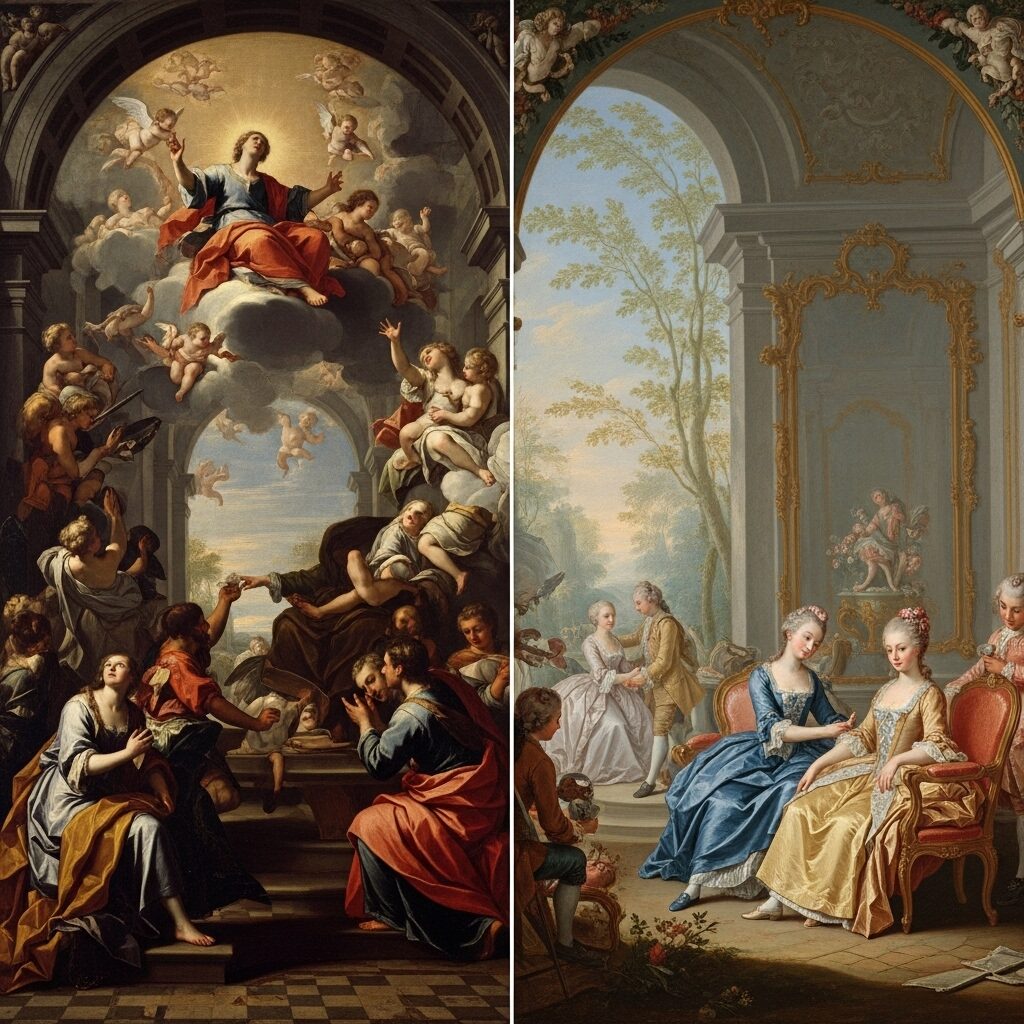 Comparison image showing Baroque painting with dark drama next to lighter Rococo painting with pastel colors