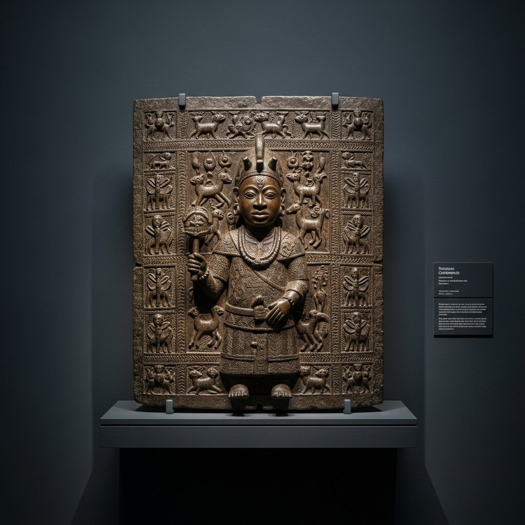 A detailed Benin Bronze sculpture displayed in a modern museum gallery, symbolizing the ongoing global movement toward restitution of colonial-era cultural artifacts.