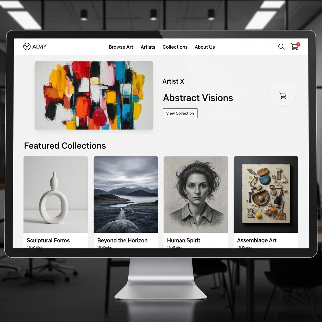 A clean digital mockup of a dedicated online art gallery marketplace interface, showing featured collections of unique works for sale.