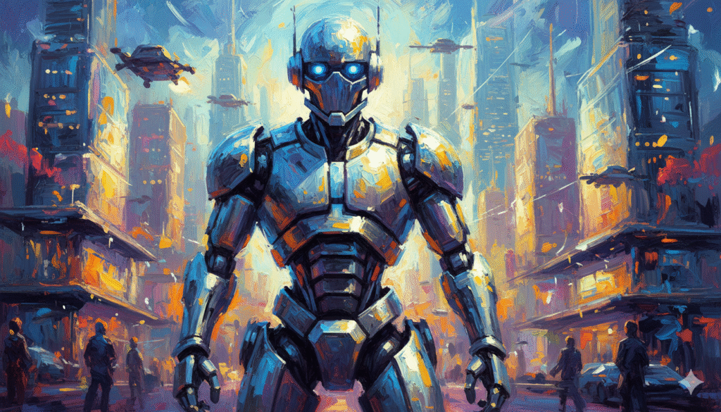 Futuristic robot digital painting rendered in the distinct style of an Impressionist artist like Van Gogh, showing the power of style keywords