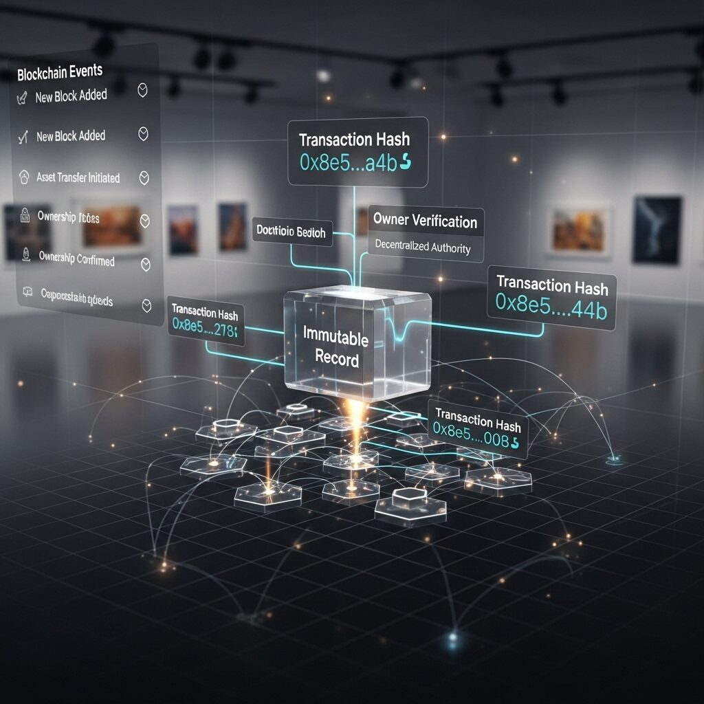 Futuristic digital interface showing an interconnected blockchain visualization, with data blocks representing immutable, verifiable records of art transactions and ownership.