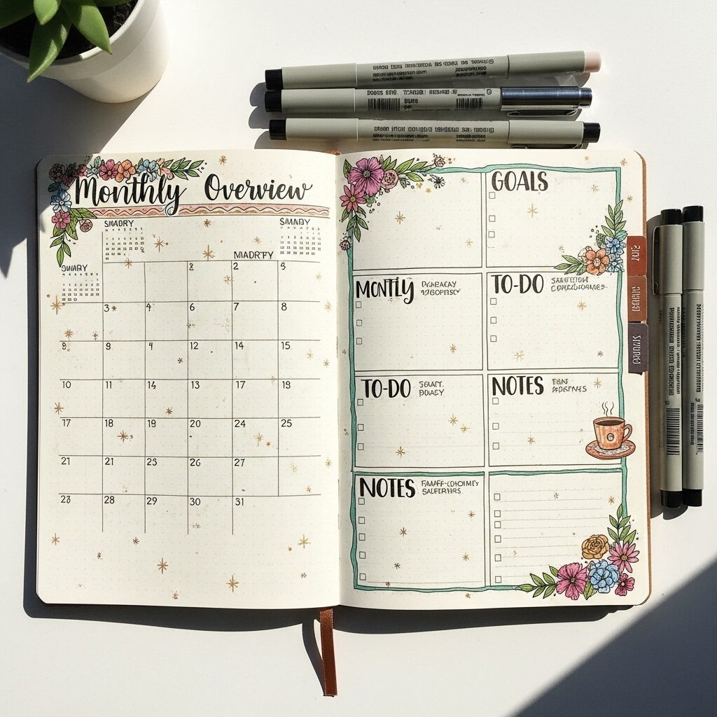 Easy Doodle Patterns for Beginners: Your First Step to Creative Doodling 7 Bullet journal spread decorated with easy doodle patterns including borders headers and decorative elements for organization