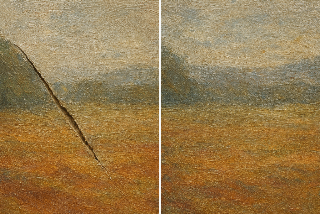 How to Repair Minor Canvas Damage Art: A Practical Guide for Artists 6 Split image showing torn canvas damage on left and seamless repair on right