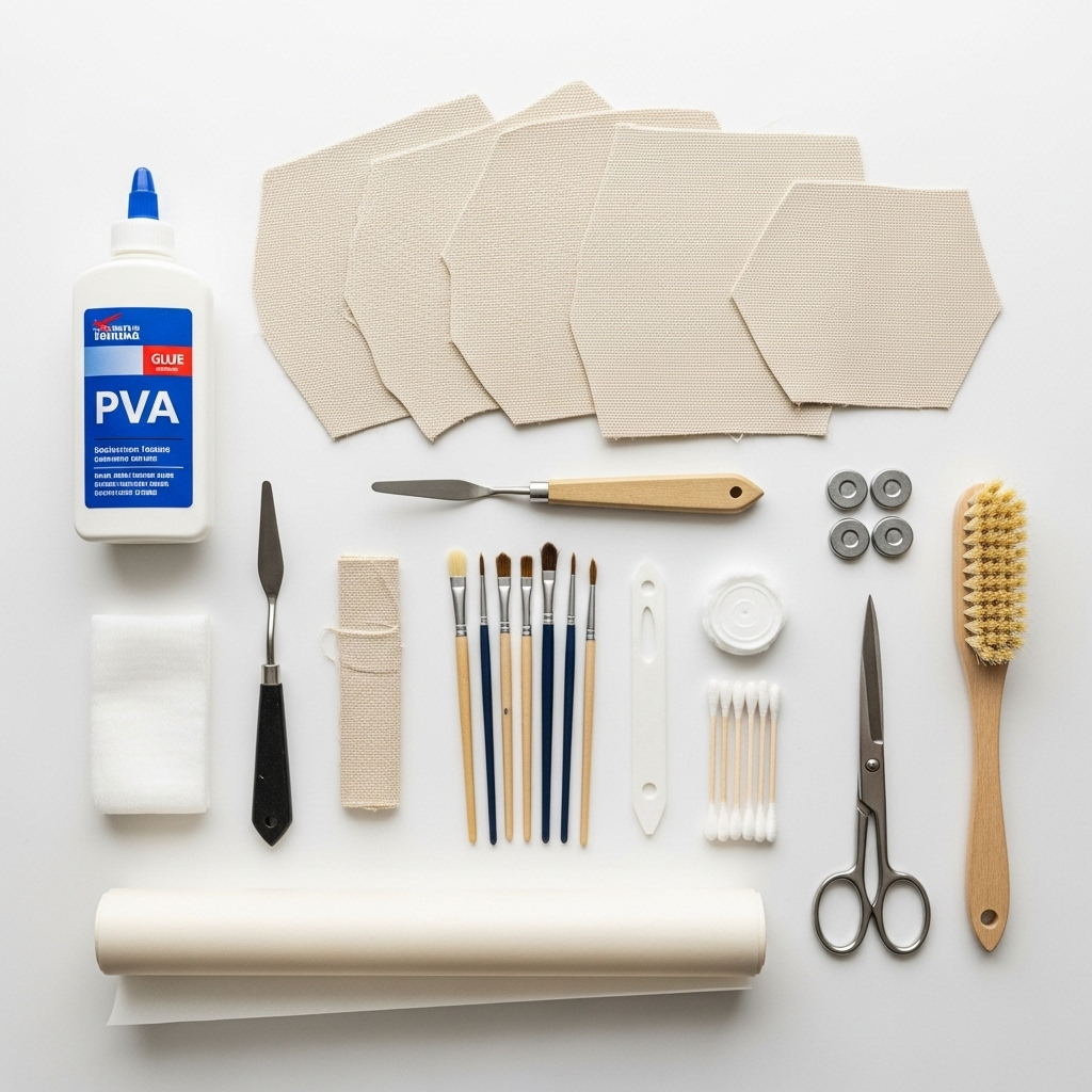How to Repair Minor Canvas Damage Art: A Practical Guide for Artists 4 Canvas repair kit showing PVA glue, raw canvas patches, palette knife, brushes and weights