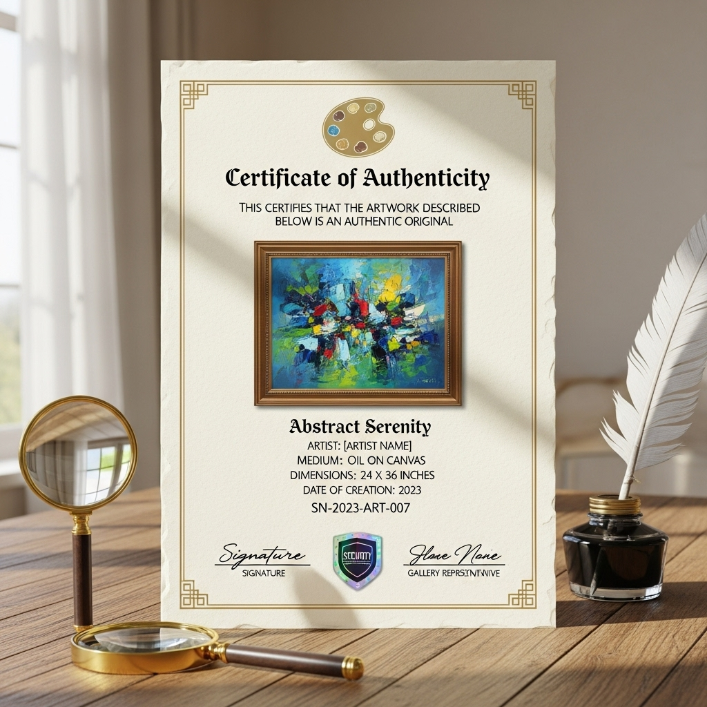 Your Complete Online Art Marketplaces Buyer Guide: Find Unique Art Safely 7 Official certificate of authenticity document with artist signature, artwork details, and stamp