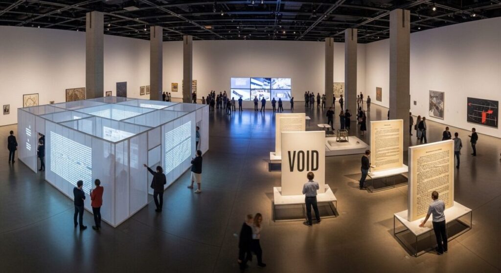 Contemporary museum exhibition showing diverse conceptual art installations and their influence on modern art practices