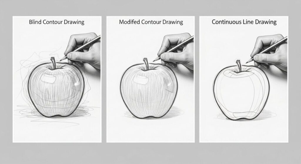 Contour drawing methods: blind contour, modified contour, and continuous line drawing
