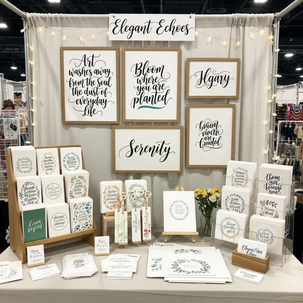 How to Start Selling Calligraphy Art: A Complete Guide for Aspiring Artists 6 Well-organized craft fair booth featuring calligraphy artwork displayed on multiple levels with clear pricing, elegant presentation, and inviting layout that attracts customers