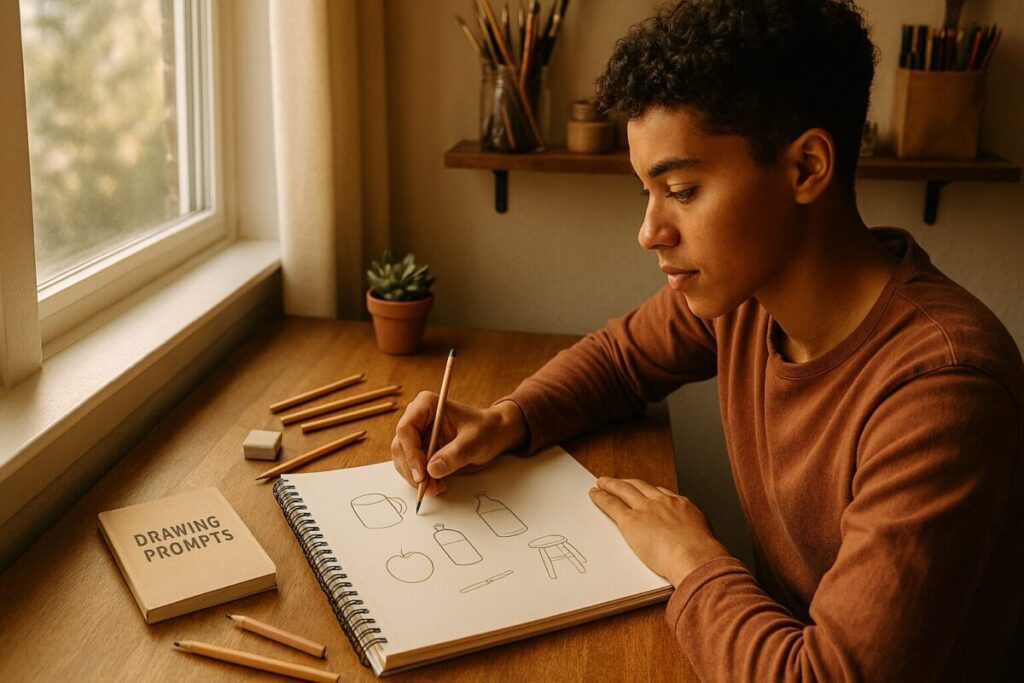 Simple Sketching prompts for all artists - drawing on a desk