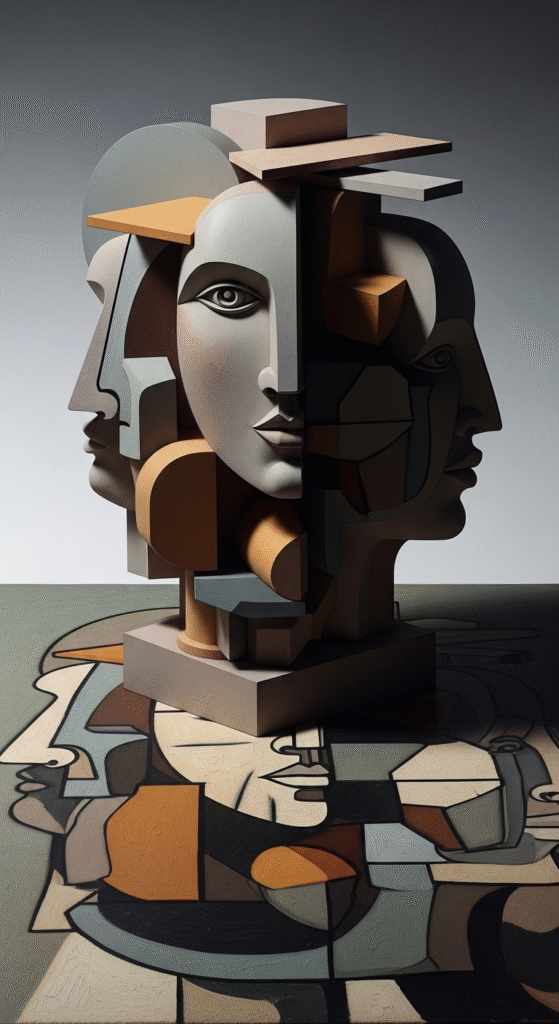 Time Travelers' Guide to the World's Most Famous Art Periods 🎨🏛 5 Conceptual illustration demonstrating Cubism technique with fragmented geometric sculpture showing multiple viewpoints simultaneously, representing revolutionary famous art period