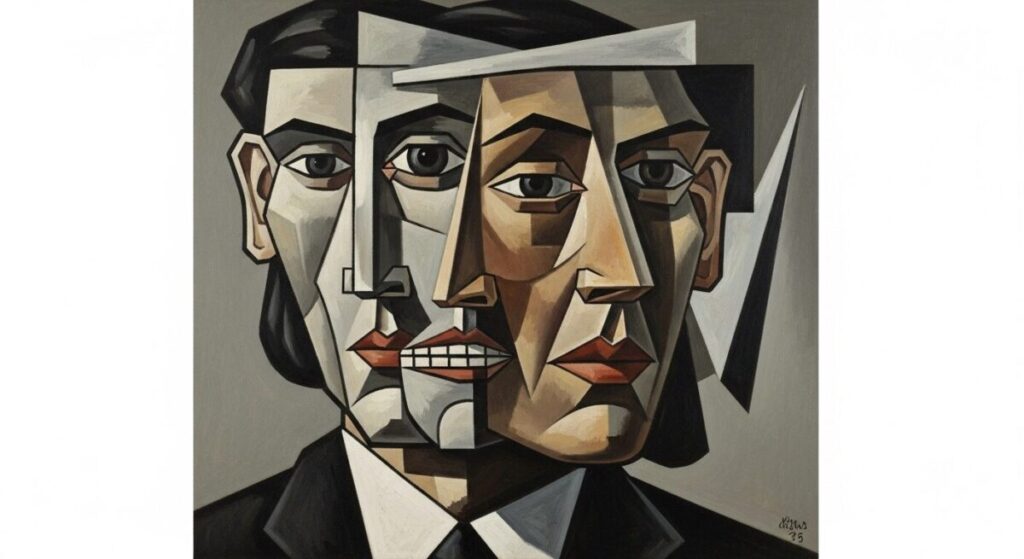 Understanding Popular Art Styles and Movements: Your Complete Guide 5 A Cubist-style portrait showing geometric fragmentation of a human face with multiple viewpoints displayed simultaneously, featuring angular shapes and limited color palette