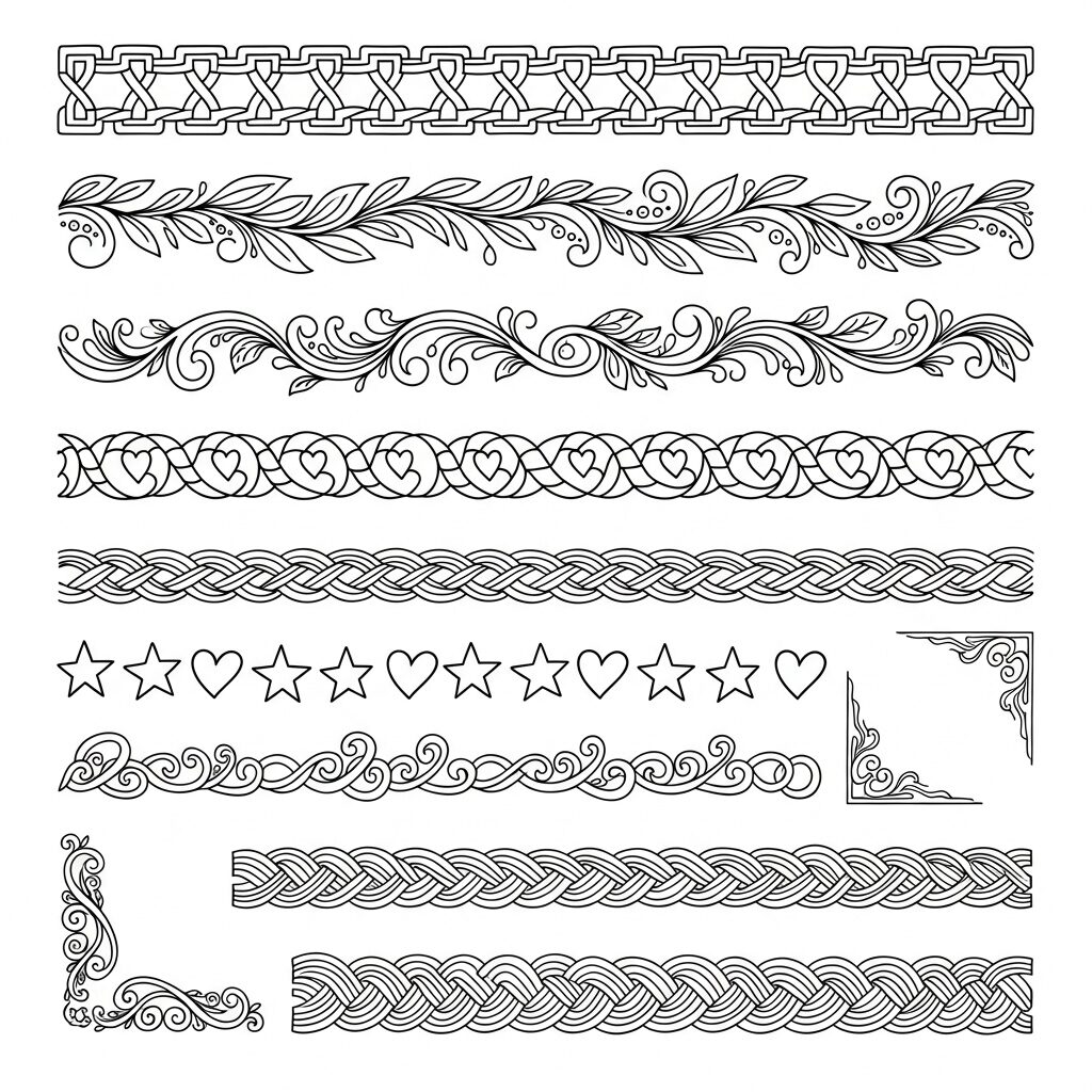 Easy Doodle Patterns for Beginners: Your First Step to Creative Doodling 6 Hand-drawn decorative doodle borders and frame patterns featuring geometric and floral designs for bullet journals and planners