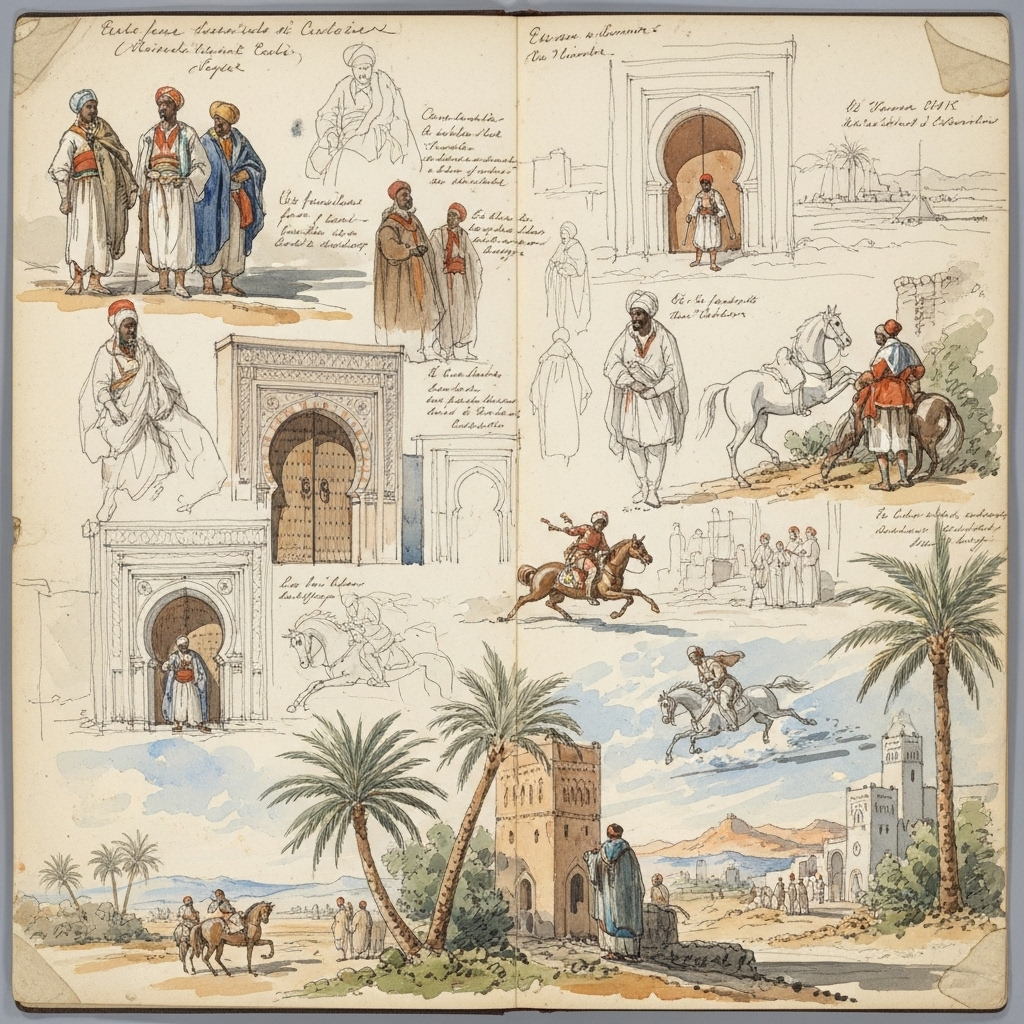 Eugène Delacroix's watercolor sketches and drawings from his 1832 journey to Morocco and North Africa showing figures in traditional dress